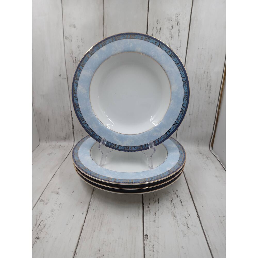 Vtg En Ciel Set of 4 By Galleria Gold Filigree On Blue Band Rim Gold Soup Bowls